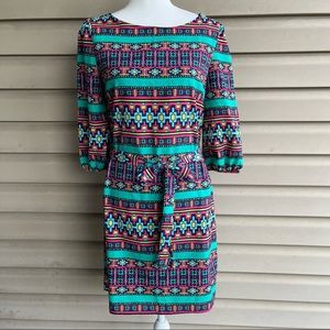 •Alya• Multicolored Geometric Pattern Tie Shift Dress - Size Medium